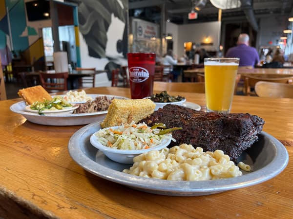 Plate of Southern food and craft beer
